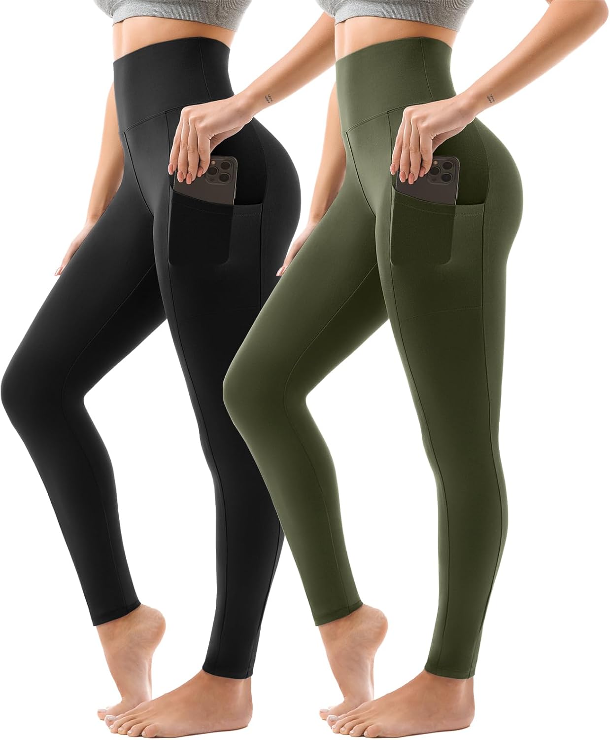 Legging sport femme taille haute noir et gris avec poches latérales profondes, tissu stretch respirant et coupe gainante.