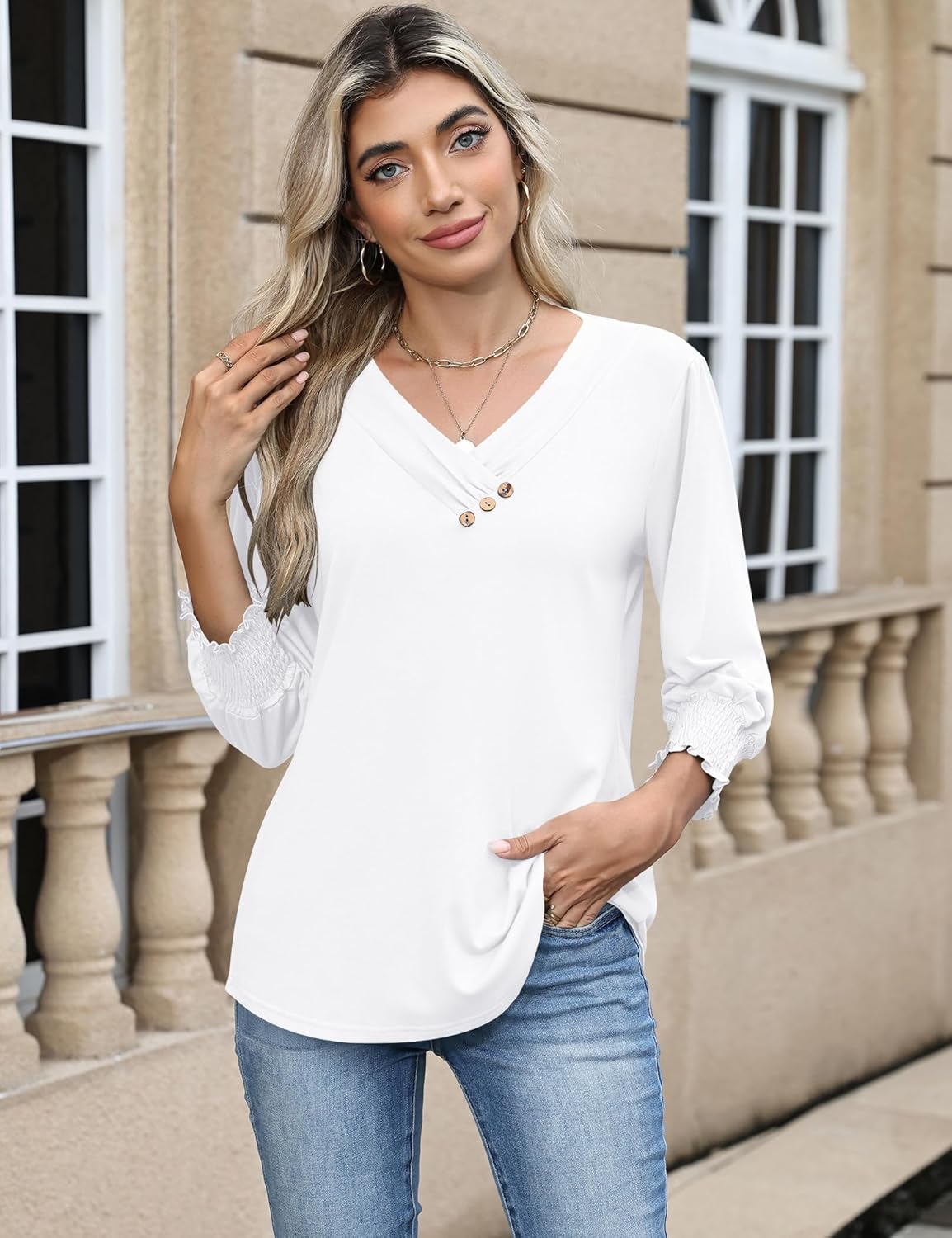 Blouse Femme Col V Manches 3/4 Imprimé Floral – Élégante & Casual Été | LuxVrouw