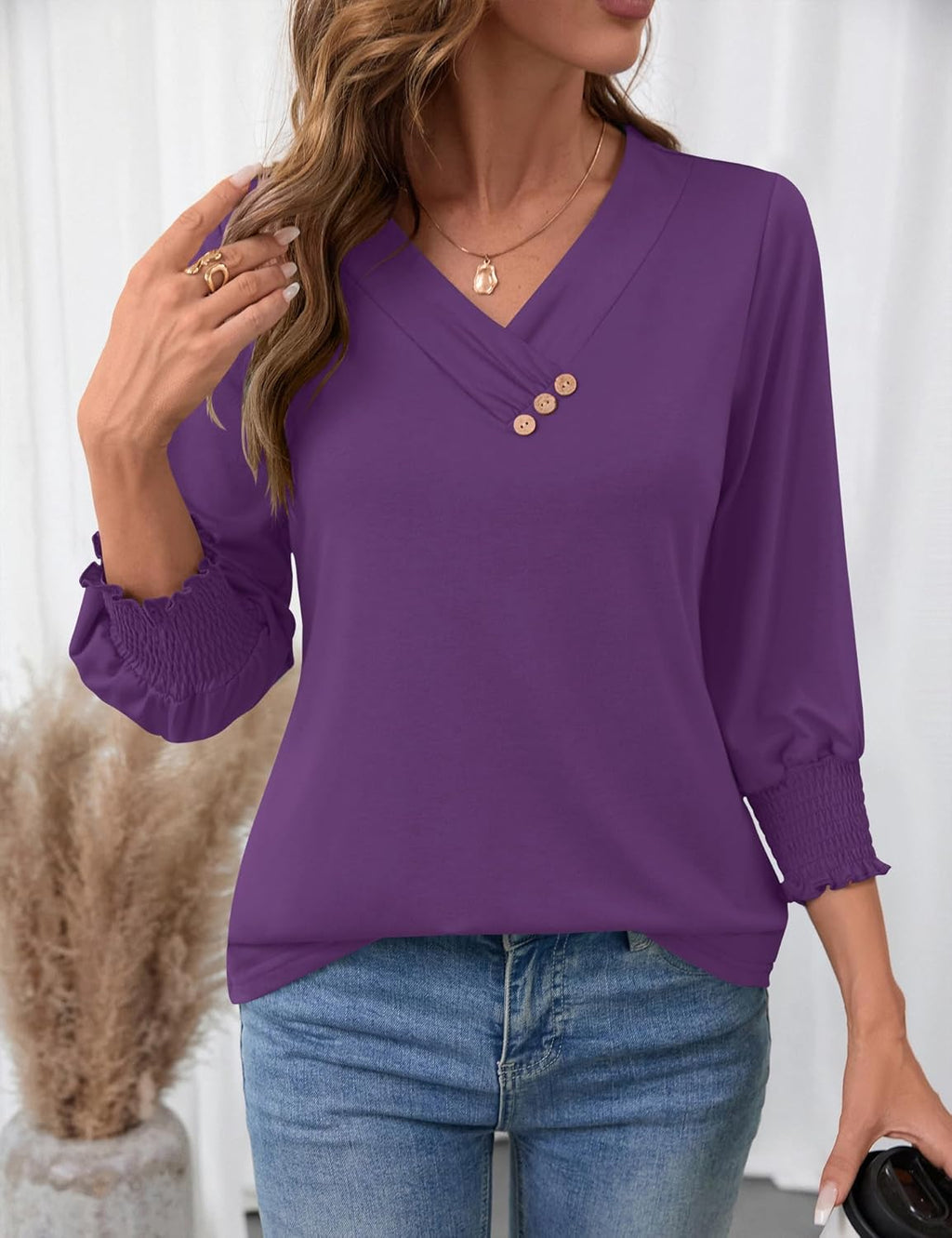 Blouse Femme Col V Manches 3/4 Imprimé Floral – Élégante & Casual Été | LuxVrouw