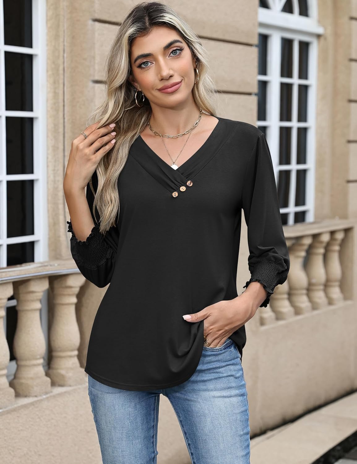 Blouse Femme Col V Manches 3/4 Imprimé Floral – Élégante & Casual Été | LuxVrouw