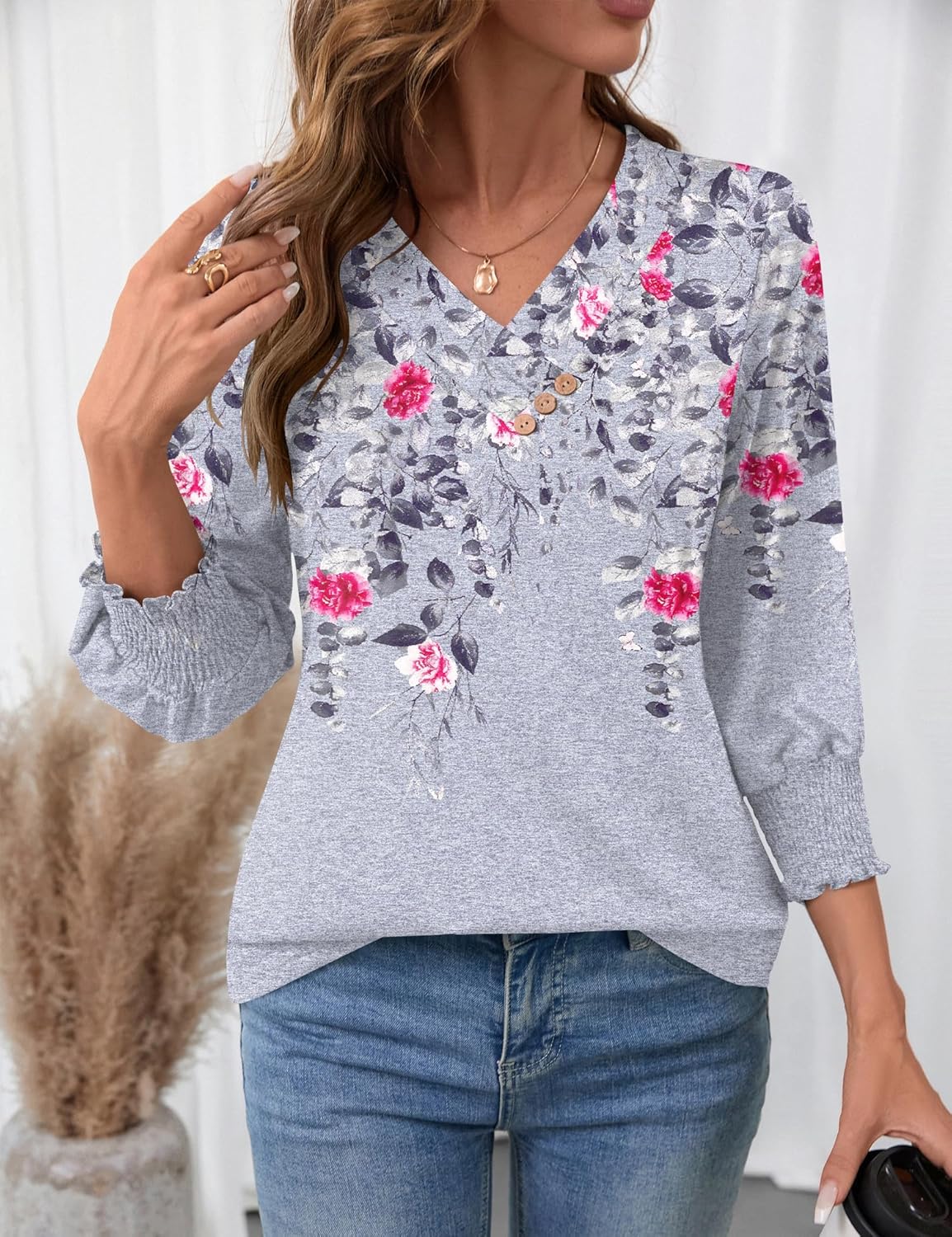 Blouse Femme Col V Manches 3/4 Imprimé Floral – Élégante & Casual Été | LuxVrouw
