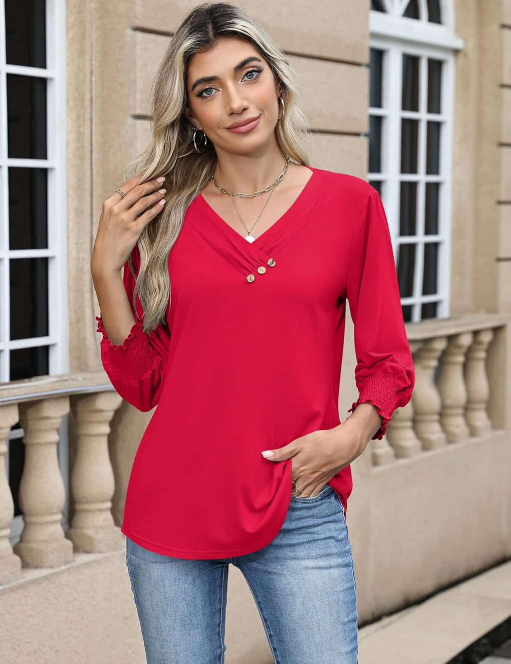 Blouse Femme Col V Manches 3/4 Imprimé Floral – Élégante & Casual Été | LuxVrouw