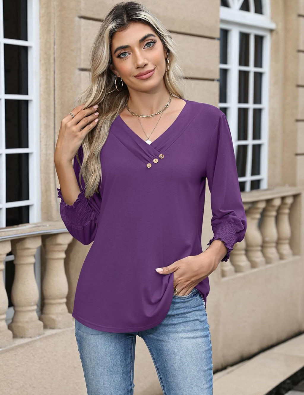 Blouse Femme Col V Manches 3/4 Imprimé Floral – Élégante & Casual Été | LuxVrouw