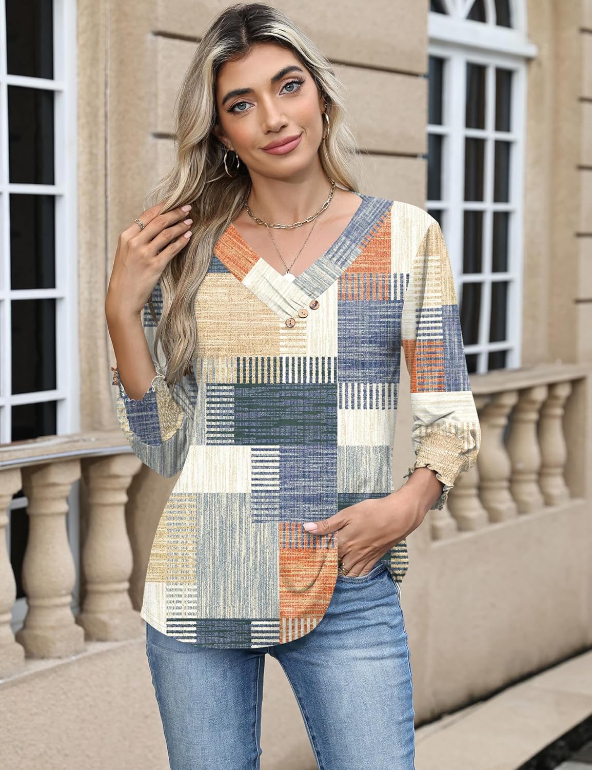 Blouse Femme Col V Manches 3/4 Imprimé Floral – Élégante & Casual Été | LuxVrouw