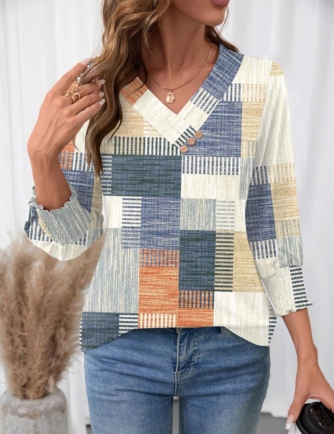 Blouse Femme Col V Manches 3/4 Imprimé Floral – Élégante & Casual Été | LuxVrouw