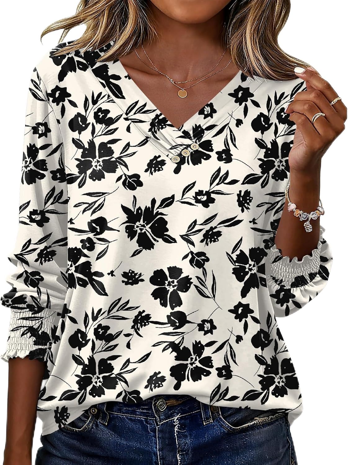 Blouse Femme Col V Manches 3/4 Imprimé Floral – Élégante & Casual Été | LuxVrouw