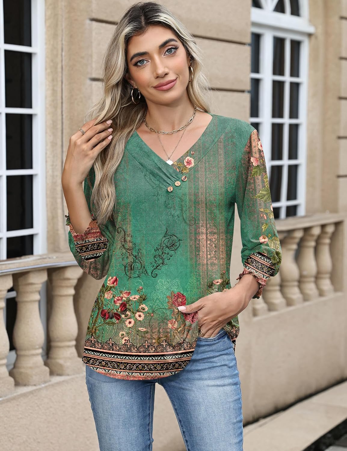 Blouse Femme Col V Manches 3/4 Imprimé Floral – Élégante & Casual Été | LuxVrouw