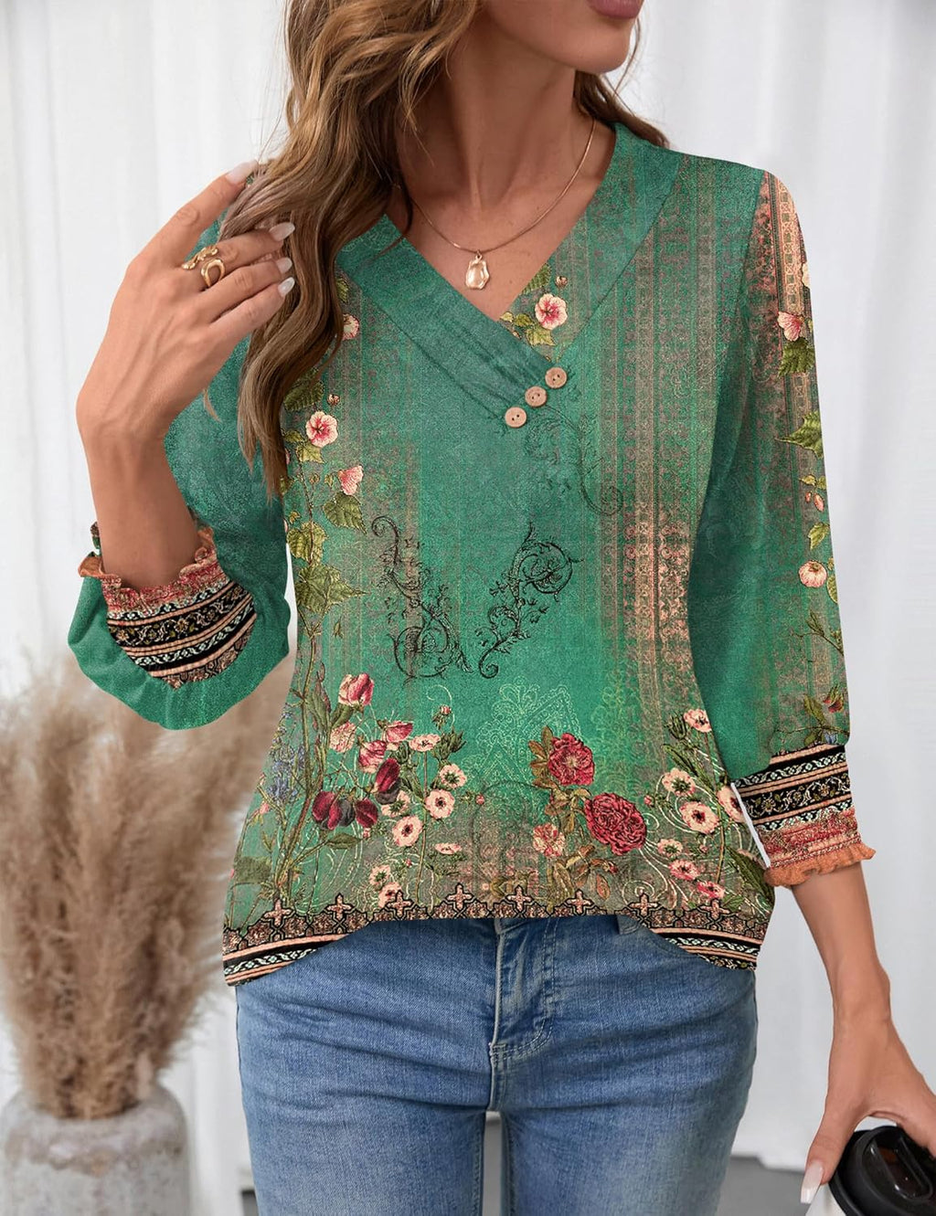 Blouse Femme Col V Manches 3/4 Imprimé Floral – Élégante & Casual Été | LuxVrouw