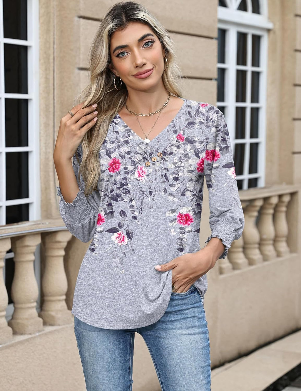 Blouse Femme Col V Manches 3/4 Imprimé Floral – Élégante & Casual Été | LuxVrouw