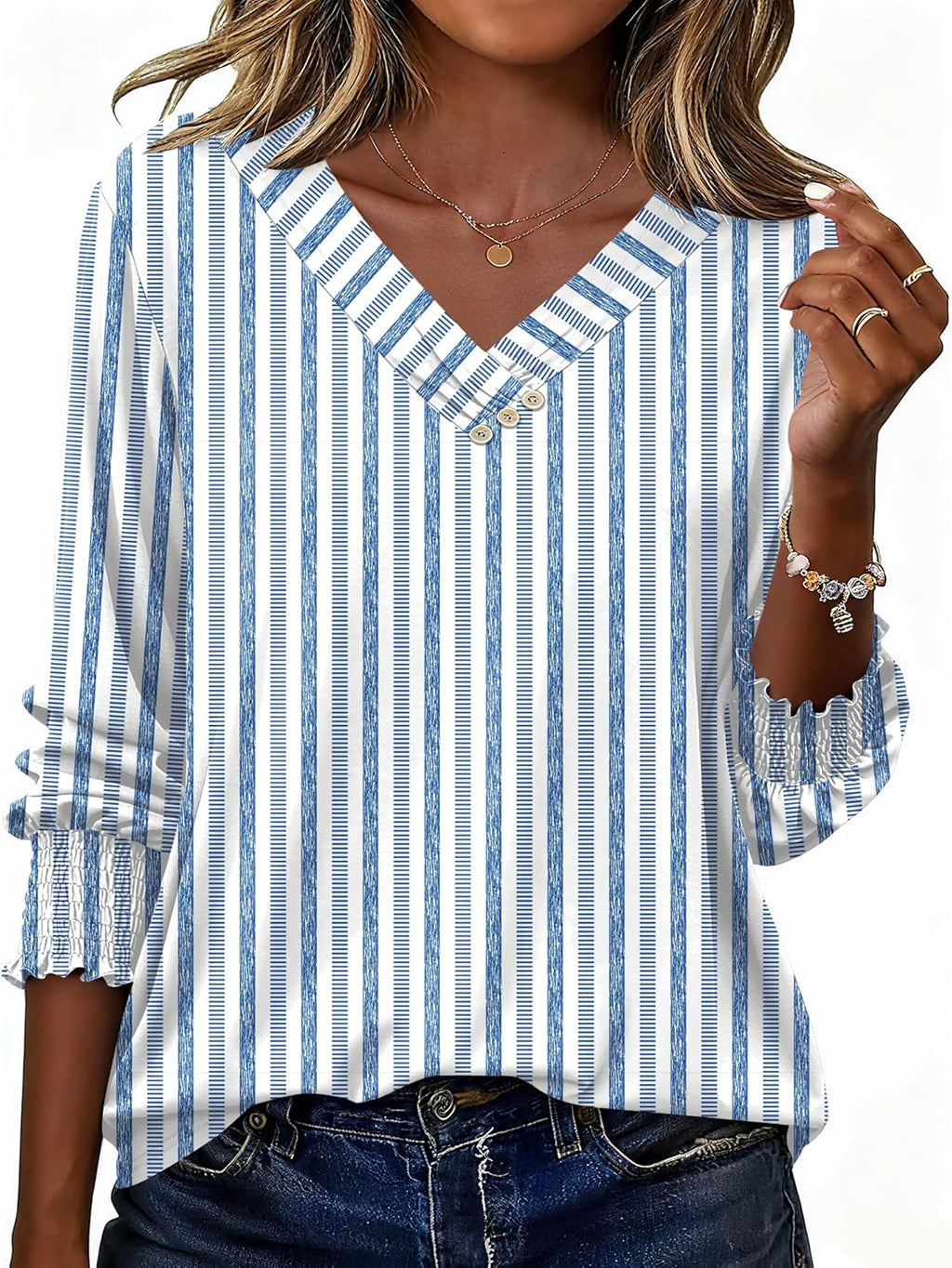 Blouse Femme Col V Manches 3/4 Imprimé Floral – Élégante & Casual Été | LuxVrouw