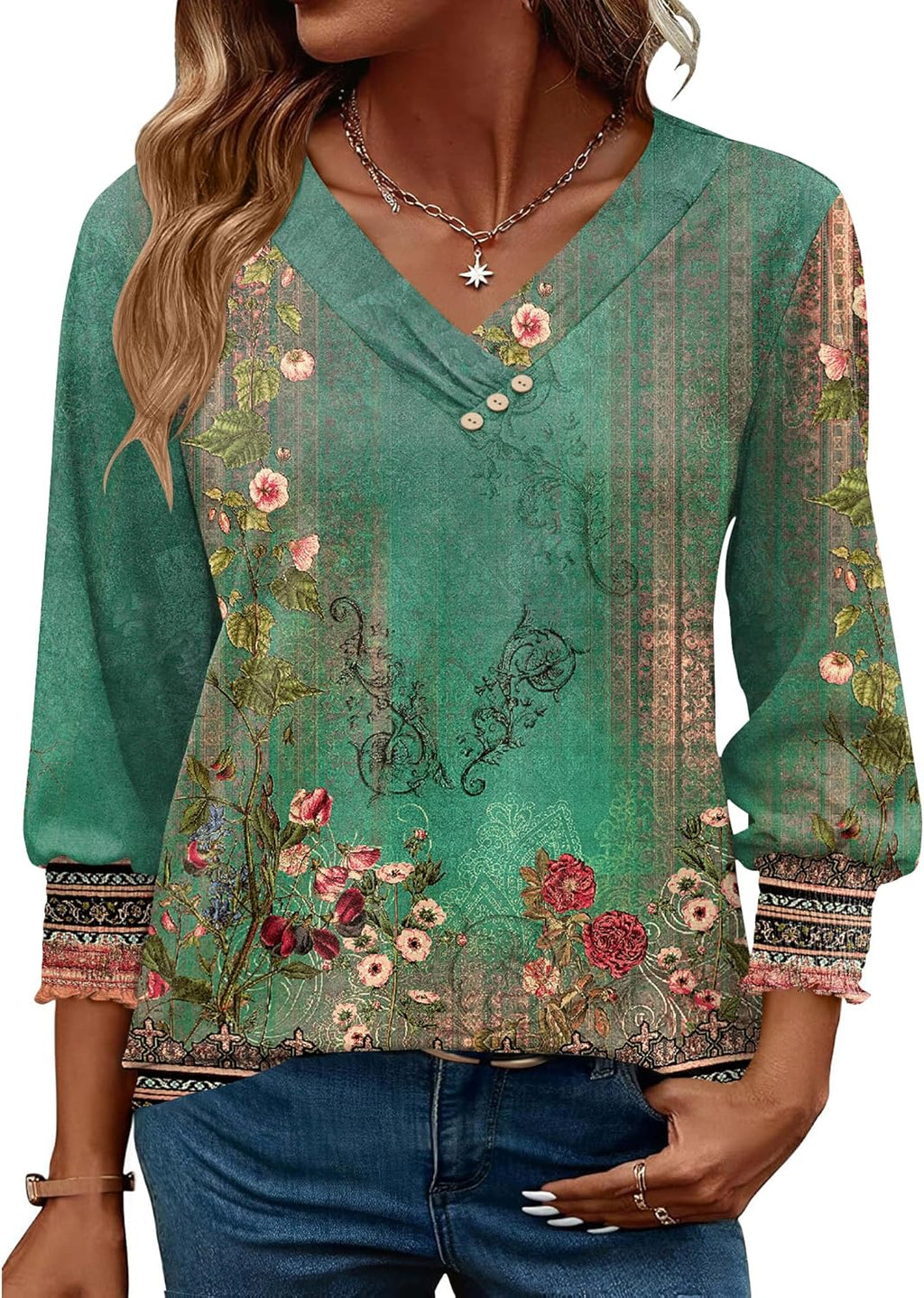 Blouse Femme Col V Manches 3/4 Imprimé Floral – Élégante & Casual Été | LuxVrouw