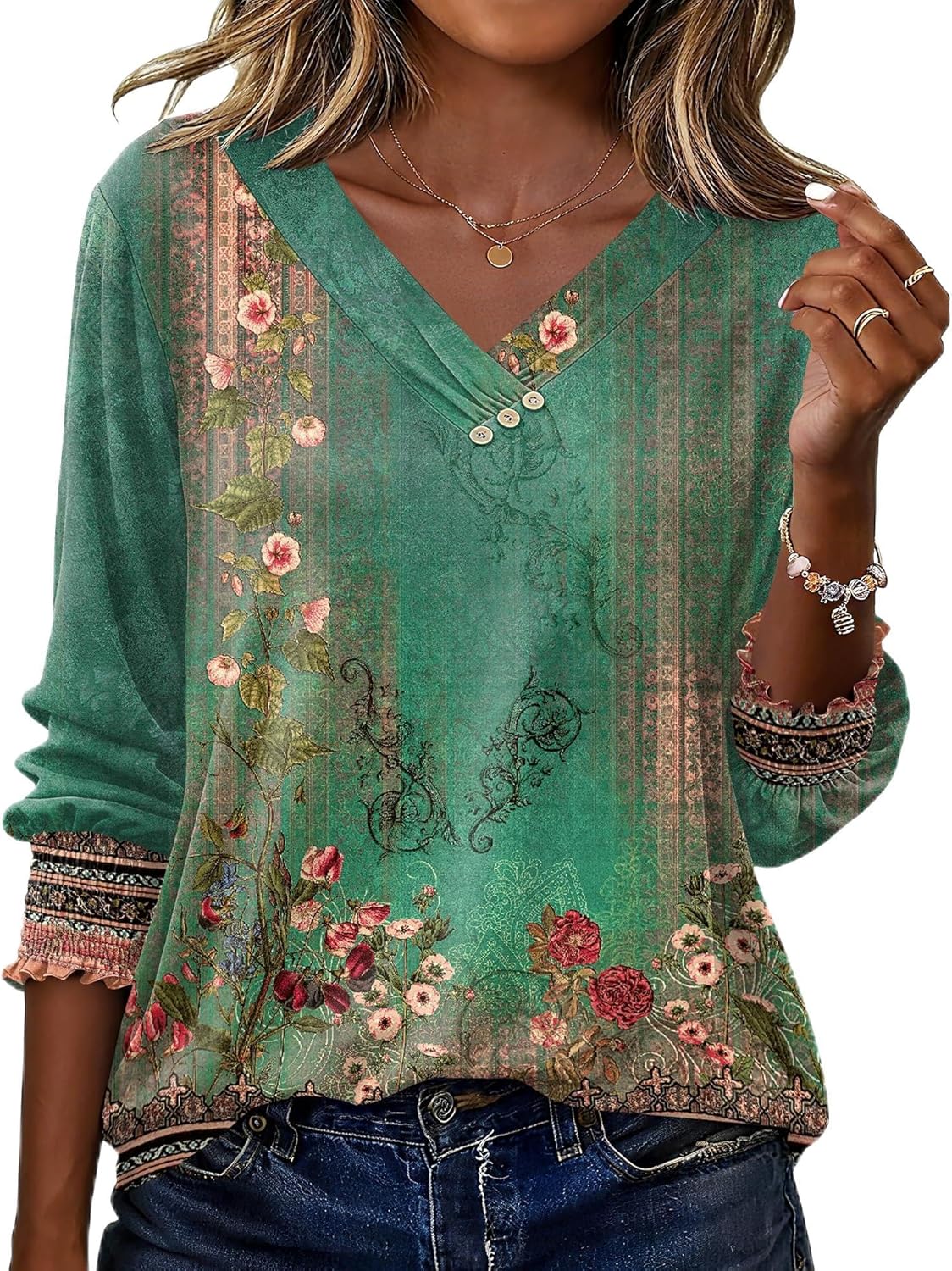 Blouse Femme Col V Manches 3/4 Imprimé Floral – Élégante & Casual Été | LuxVrouw