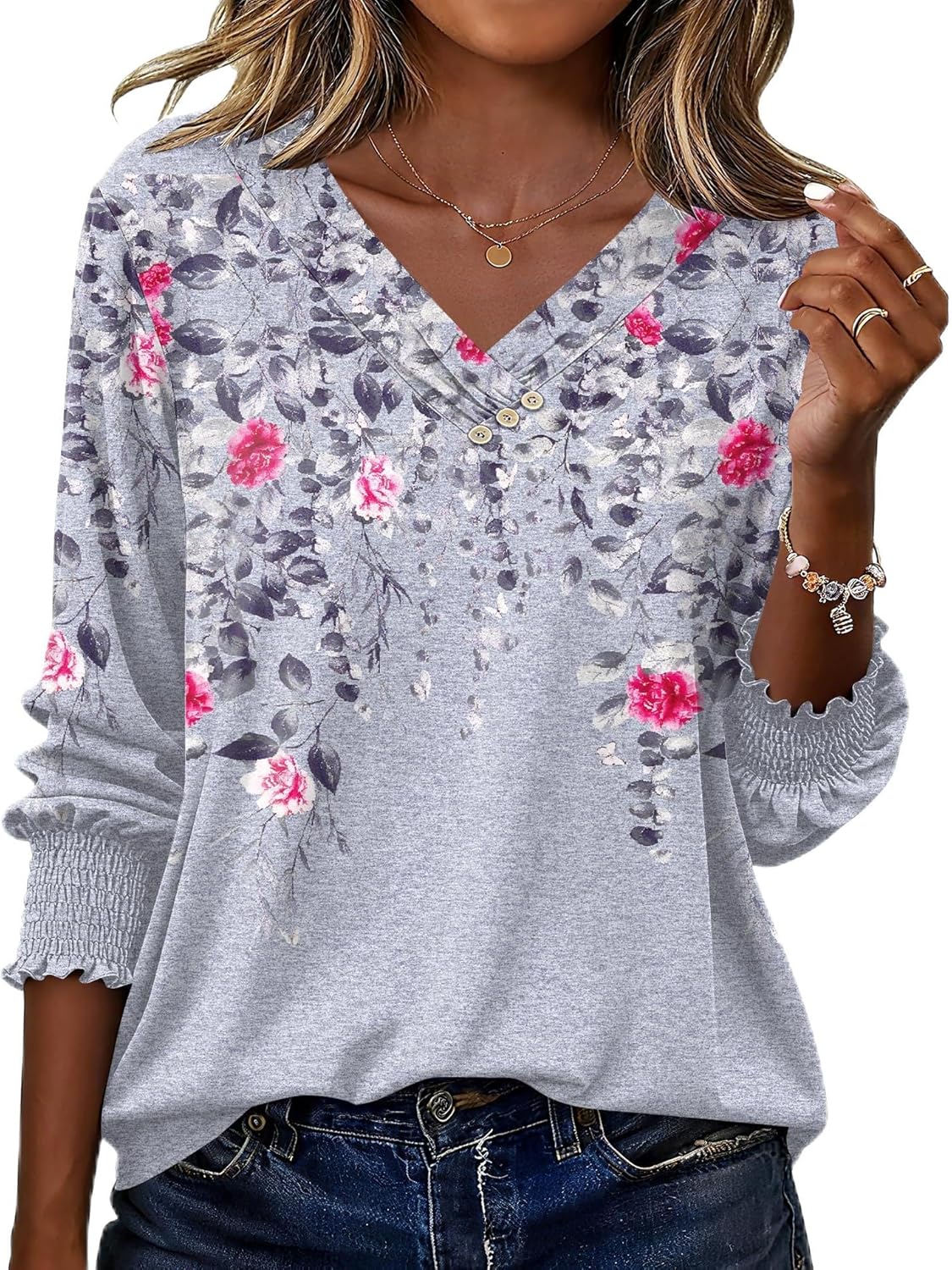Blouse Femme Col V Manches 3/4 Imprimé Floral – Élégante & Casual Été | LuxVrouw