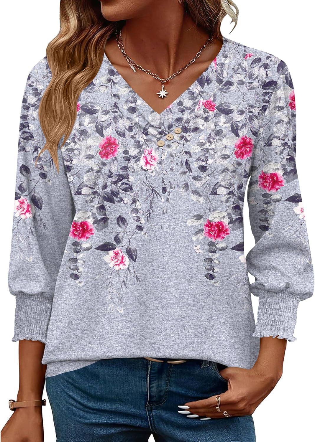 Blouse Femme Col V Manches 3/4 Imprimé Floral – Élégante & Casual Été | LuxVrouw
