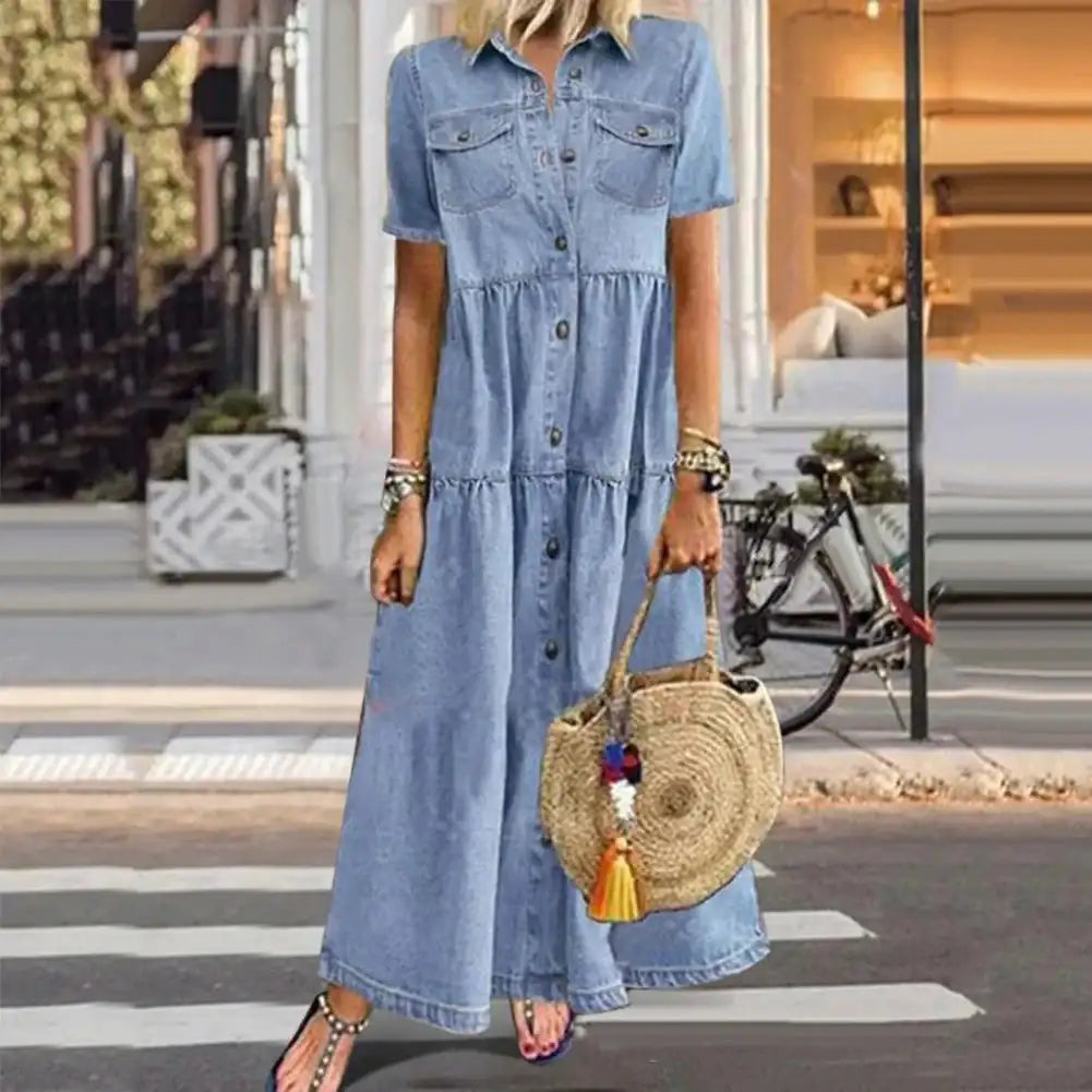 Women Dresses Short Sleeve Turn Down Collar Pockets Button Long LuxVrouw