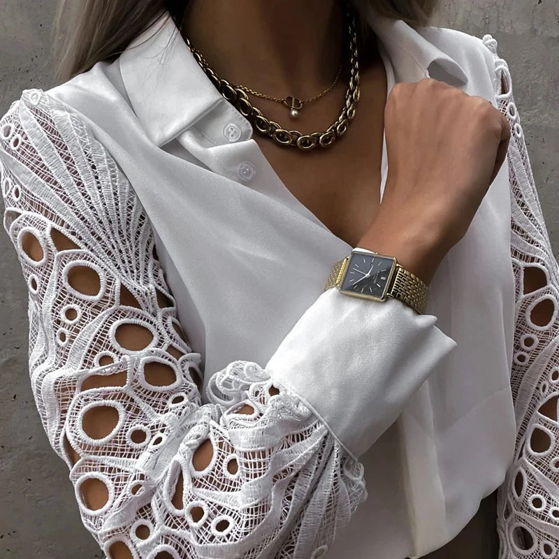 Chemisier Femme Dentelle Ajouré Manches Longues Bouffantes – Bureau & Élégant | LuxVrouw