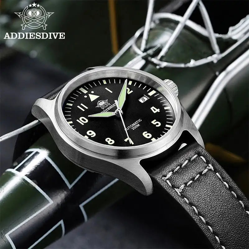 ADDIESDIVE Men's Automatic Mechanical Diving Watch 200m Waterproof C3 Ultra Bright Men's Watch Men's Leather Retro Watch AD2519 LuxVrouw