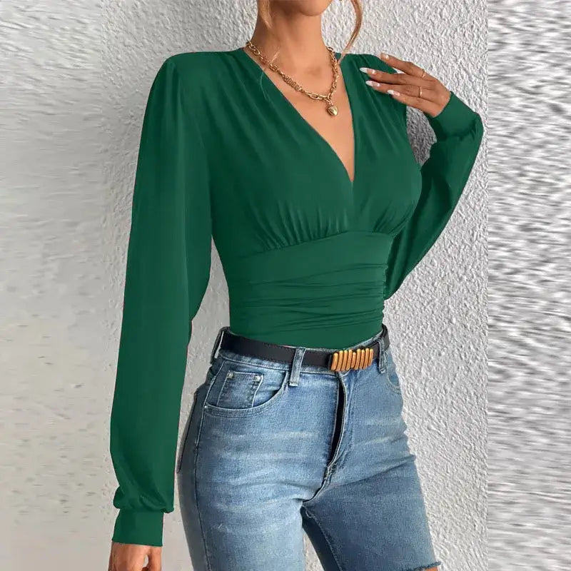 Robe Longue Manches Longues Col V – Luxe LuxVrouw