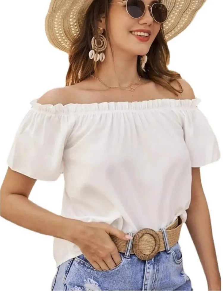 Top Femme Épaules Dénudées Volants Manches Courtes – Élégant & Casual Été | LuxVrouw