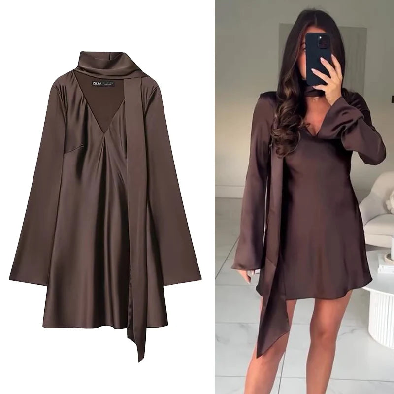 Mini Robe Satin Femme Manches Longues Col V – Élégante & Soirée | LuxVrouw