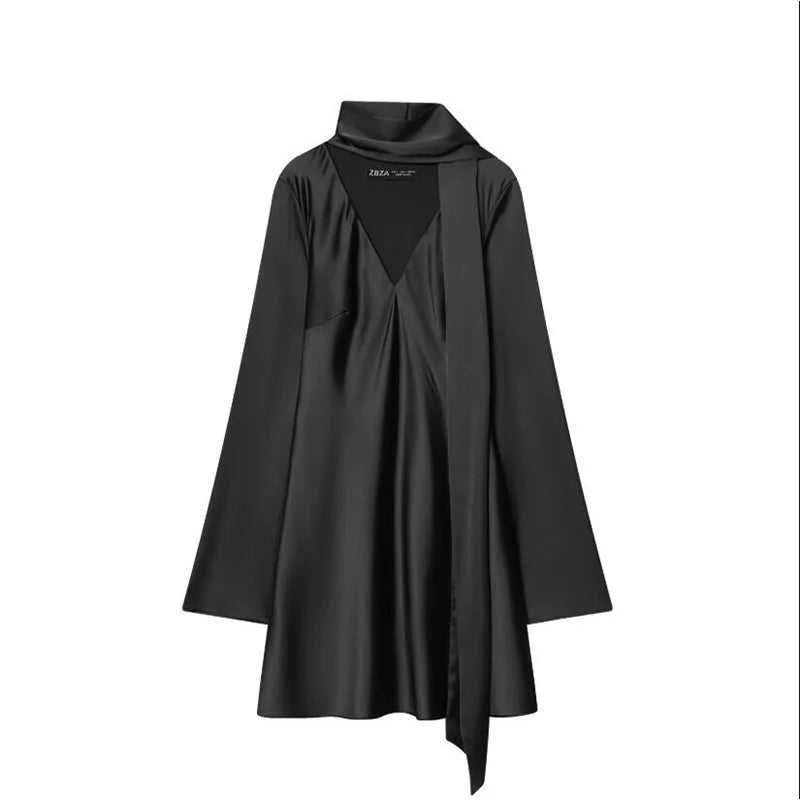 Mini Robe Satin Femme Manches Longues Col V – Élégante & Soirée | LuxVrouw