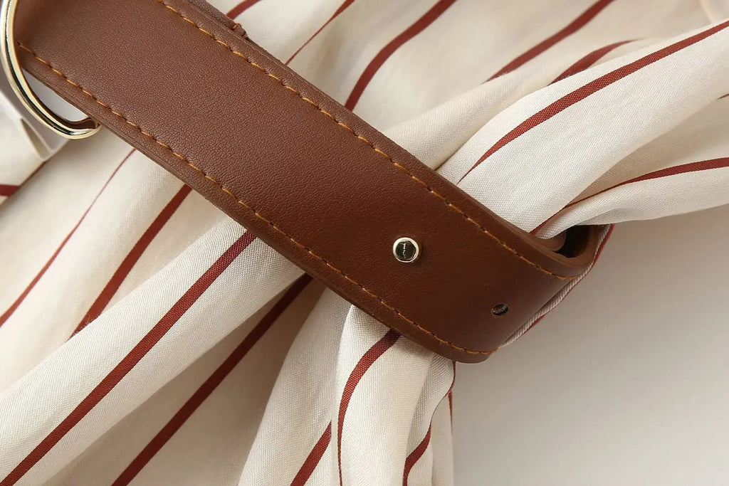 Robe Longue Femme Rayée Manches Longues Ceinture – Casual Chic & Fente | LuxVrouw