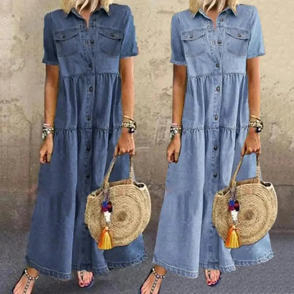 Women Dresses Short Sleeve Turn Down Collar Pockets Button Long LuxVrouw