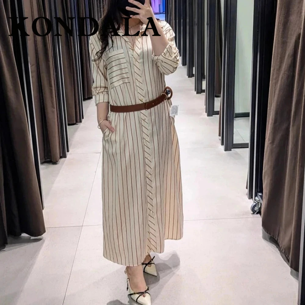 Robe Longue Femme Rayée Manches Longues Ceinture – Casual Chic & Fente | LuxVrouw