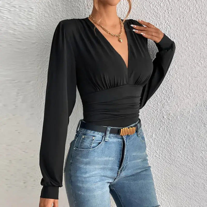 Robe Longue Manches Longues Col V – Luxe LuxVrouw