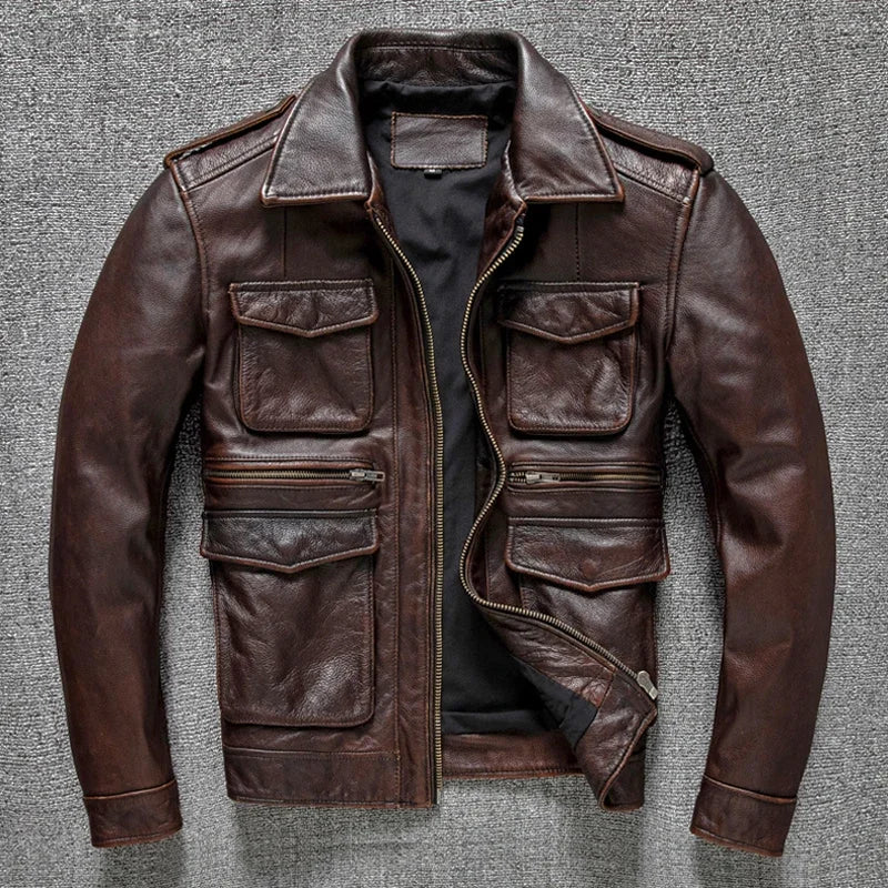 Veste Cuir Véritable Homme M65 Style Safari Vintage – Grande Taille Printemps & Automne | LuxVrouw