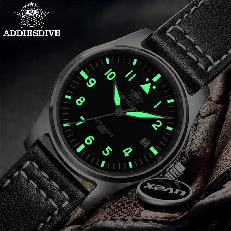 ADDIESDIVE Men's Automatic Mechanical Diving Watch 200m Waterproof C3 Ultra Bright Men's Watch Men's Leather Retro Watch AD2519 LuxVrouw