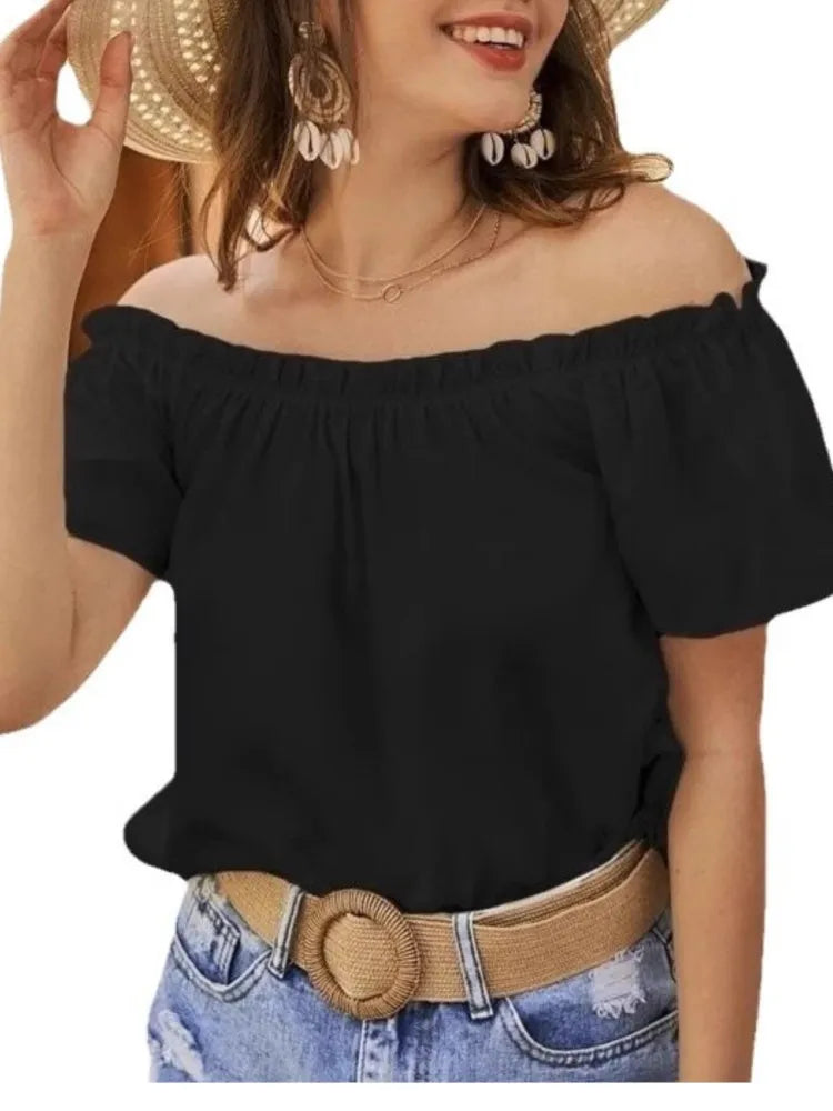 Top Femme Épaules Dénudées Volants Manches Courtes – Élégant & Casual Été | LuxVrouw