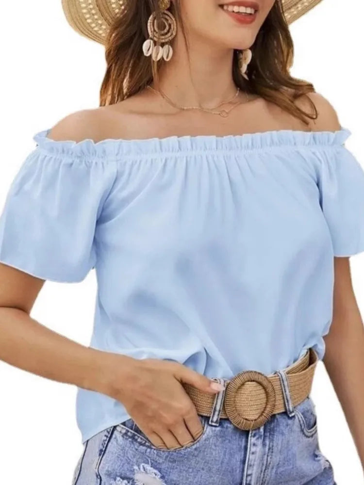 Top Femme Épaules Dénudées Volants Manches Courtes – Élégant & Casual Été | LuxVrouw