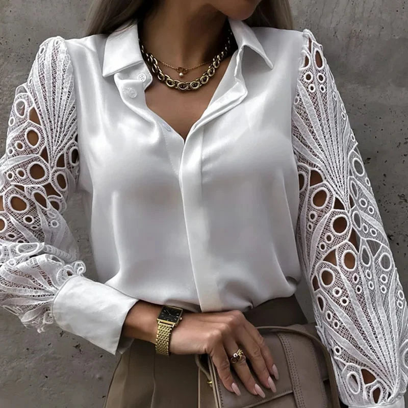 Chemisier Femme Dentelle Ajouré Manches Longues Bouffantes – Bureau & Élégant | LuxVrouw