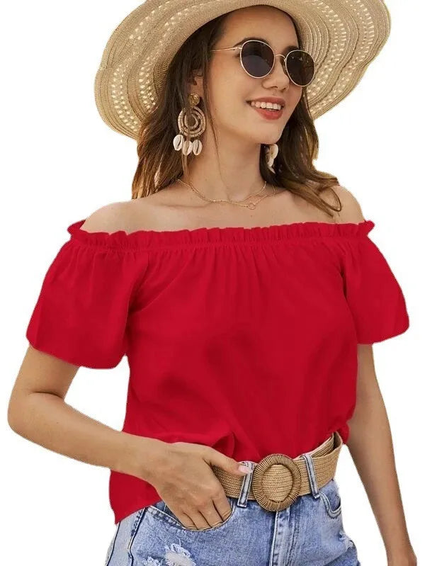 Top Femme Épaules Dénudées Volants Manches Courtes – Élégant & Casual Été | LuxVrouw