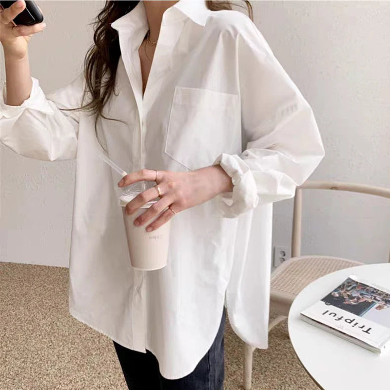 Chemise Femme Blanche Manches Longues Col Rabattu – Coupe Ample | LuxVrouw LuxVrouw