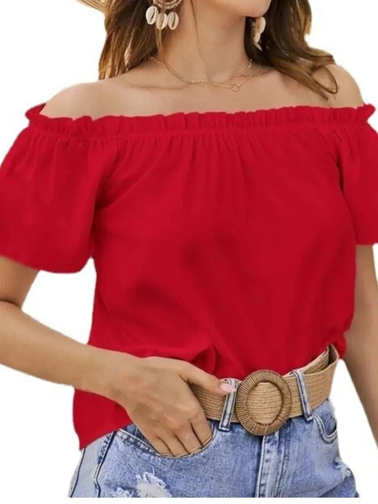 Top Femme Épaules Dénudées Volants Manches Courtes – Élégant & Casual Été | LuxVrouw