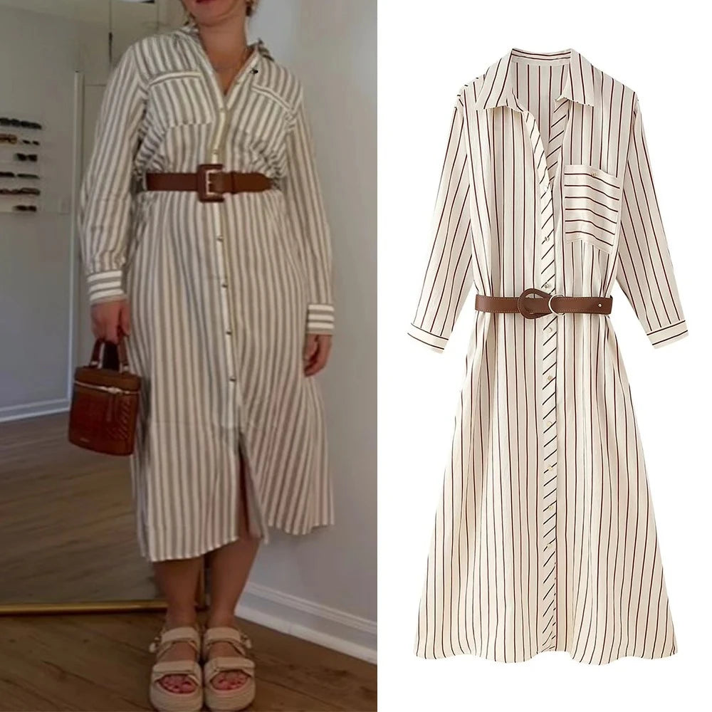 Robe Longue Femme Rayée Manches Longues Ceinture – Casual Chic & Fente | LuxVrouw