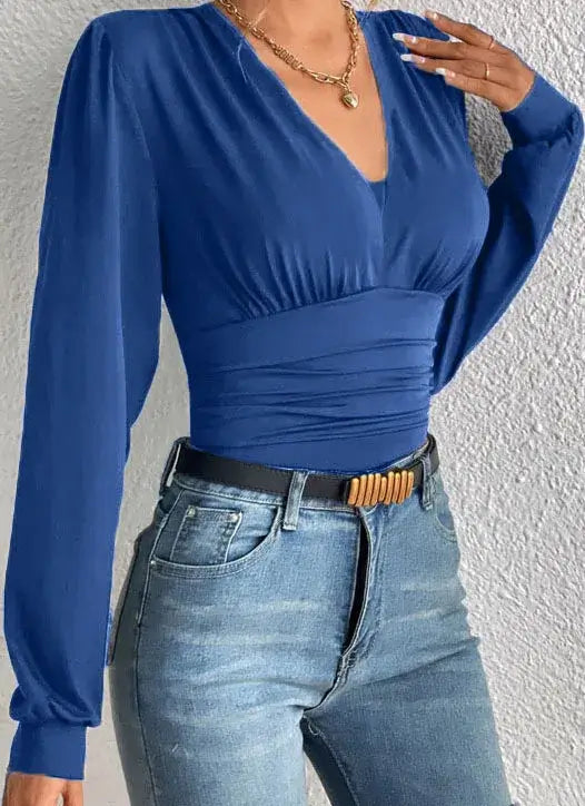 Robe Longue Manches Longues Col V – Luxe LuxVrouw