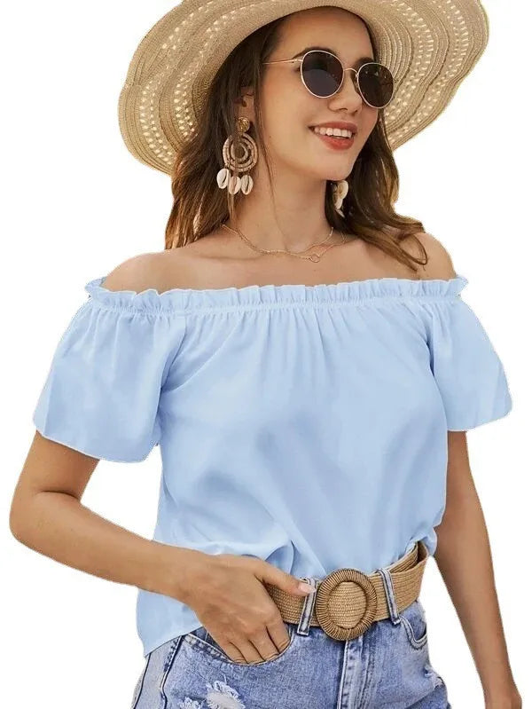 Top Femme Épaules Dénudées Volants Manches Courtes – Élégant & Casual Été | LuxVrouw