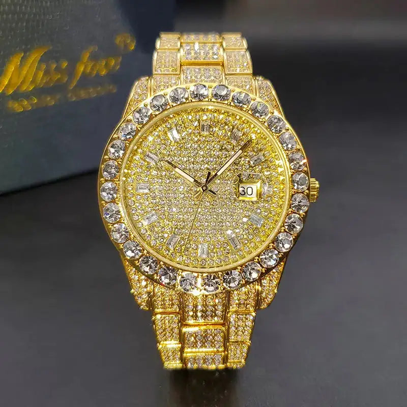 Luxury Men Watch Bling Bling Big Diamond Quartz Watches Male Hip Hop Rock Stylish Waterproof Calendar Wristwatches Droshipping LuxVrouw