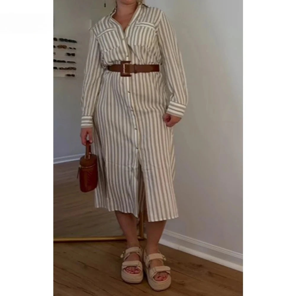 Robe Longue Femme Rayée Manches Longues Ceinture – Casual Chic & Fente | LuxVrouw