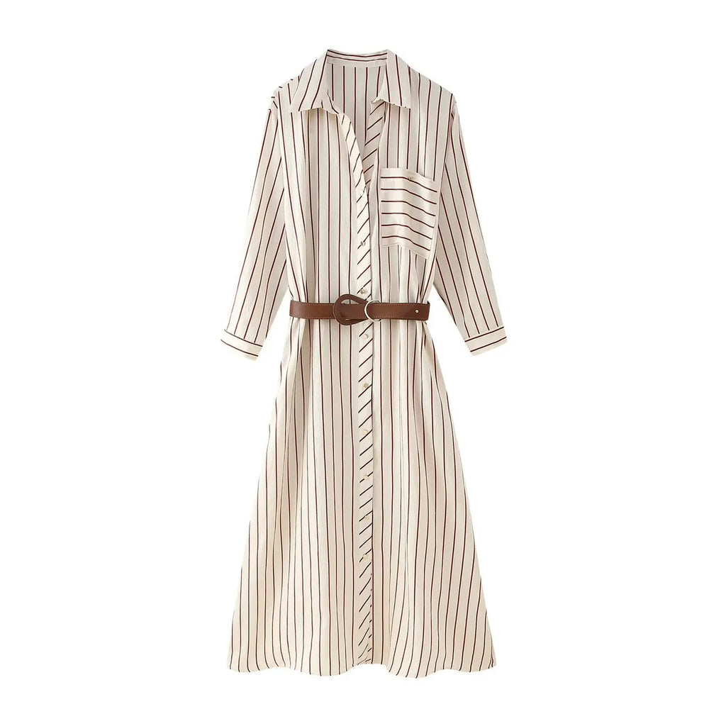 Robe Longue Femme Rayée Manches Longues Ceinture – Casual Chic & Fente | LuxVrouw