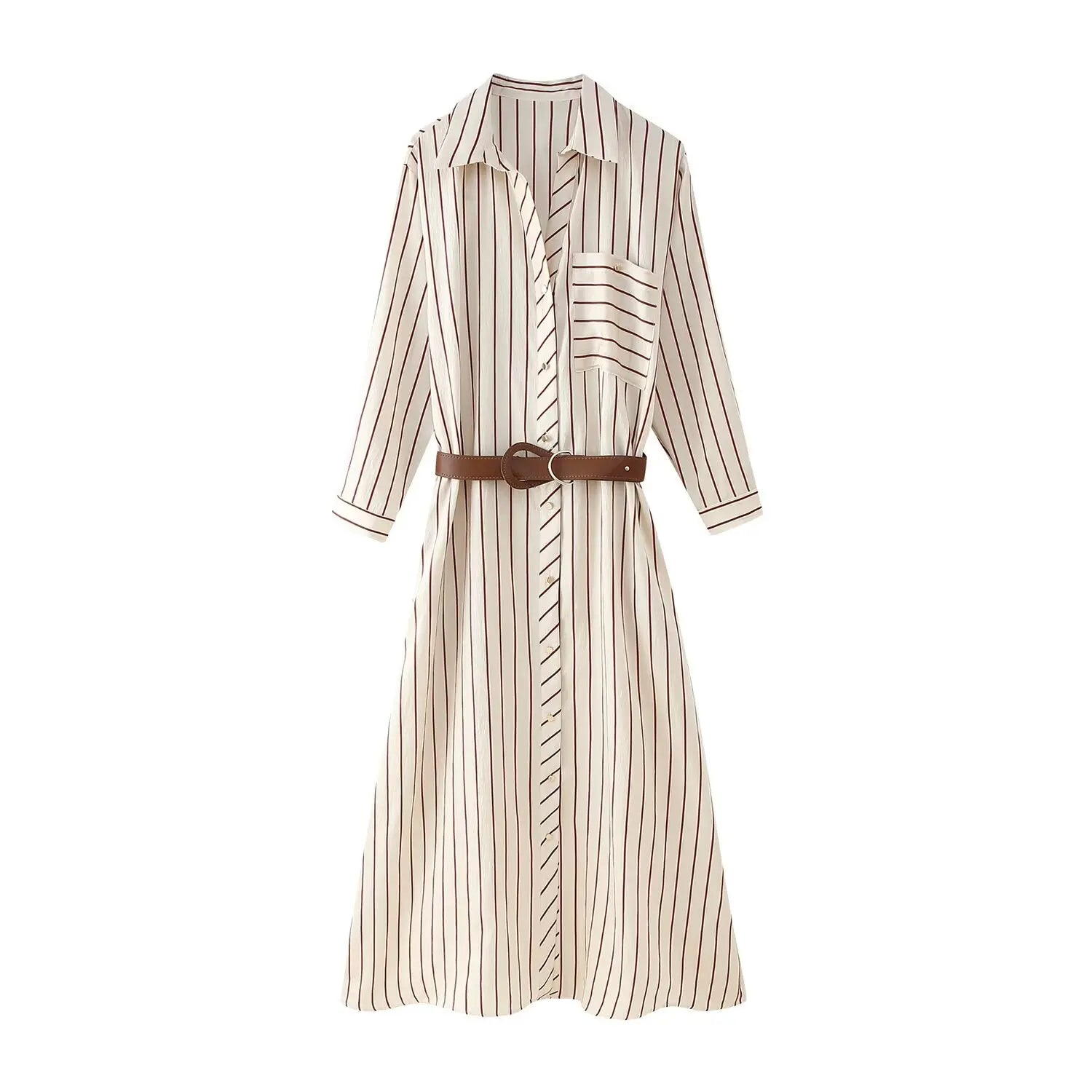 Robe Longue Femme Rayée Manches Longues Ceinture – Casual Chic & Fente | LuxVrouw