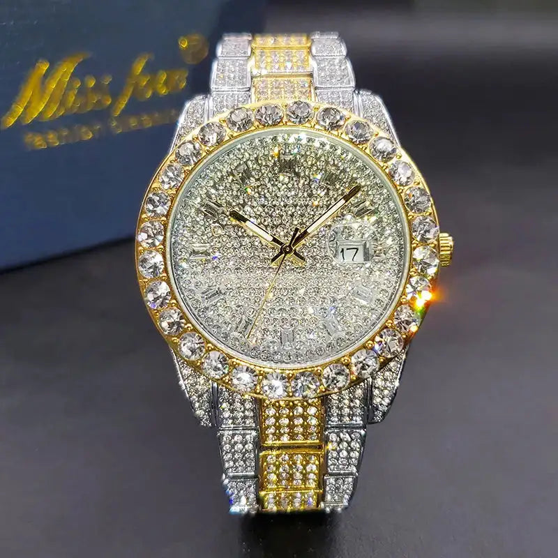 Luxury Men Watch Bling Bling Big Diamond Quartz Watches Male Hip Hop Rock Stylish Waterproof Calendar Wristwatches Droshipping LuxVrouw