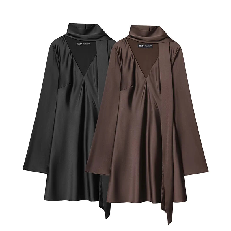 Mini Robe Satin Femme Manches Longues Col V – Élégante & Soirée | LuxVrouw