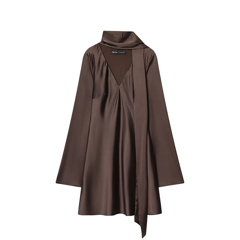 Mini Robe Satin Femme Manches Longues Col V – Élégante & Soirée | LuxVrouw