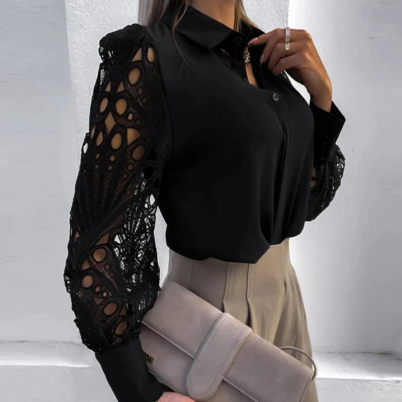 Chemisier Femme Dentelle Ajouré Manches Longues Bouffantes – Bureau & Élégant | LuxVrouw