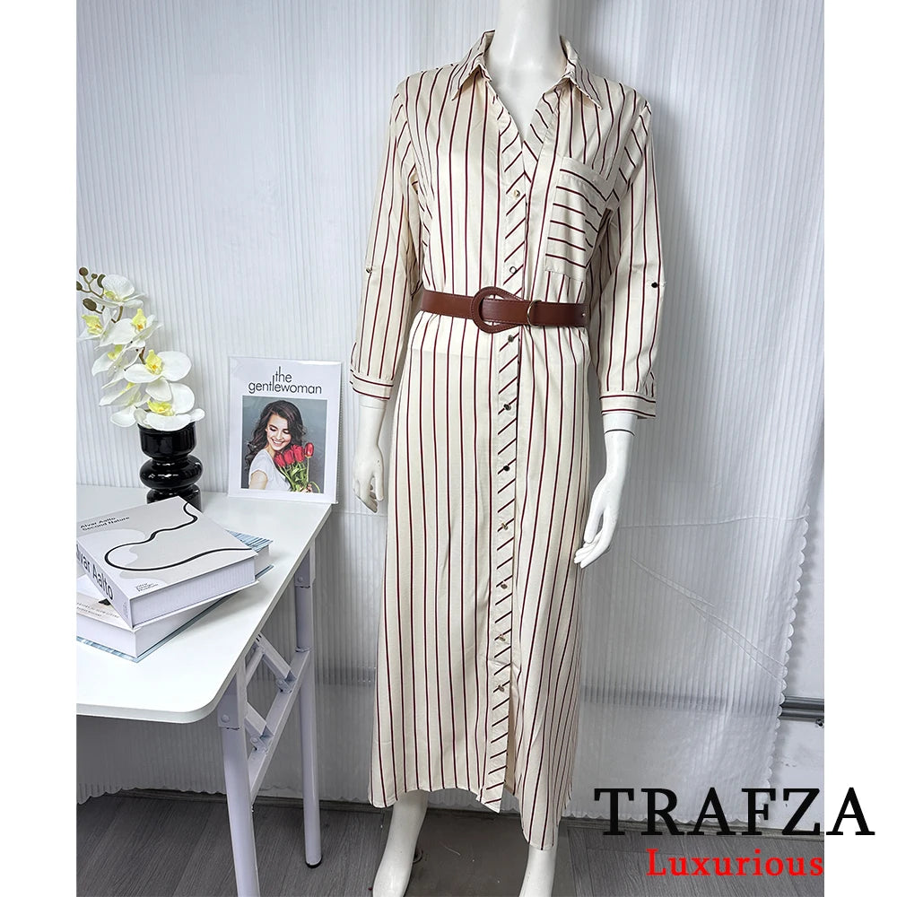 Robe Longue Femme Rayée Manches Longues Ceinture – Casual Chic & Fente | LuxVrouw